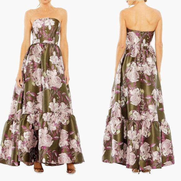 NWT MAC DUGGAL Green Strapless Bottom Ruffle Floral Gown Size US 10 $698